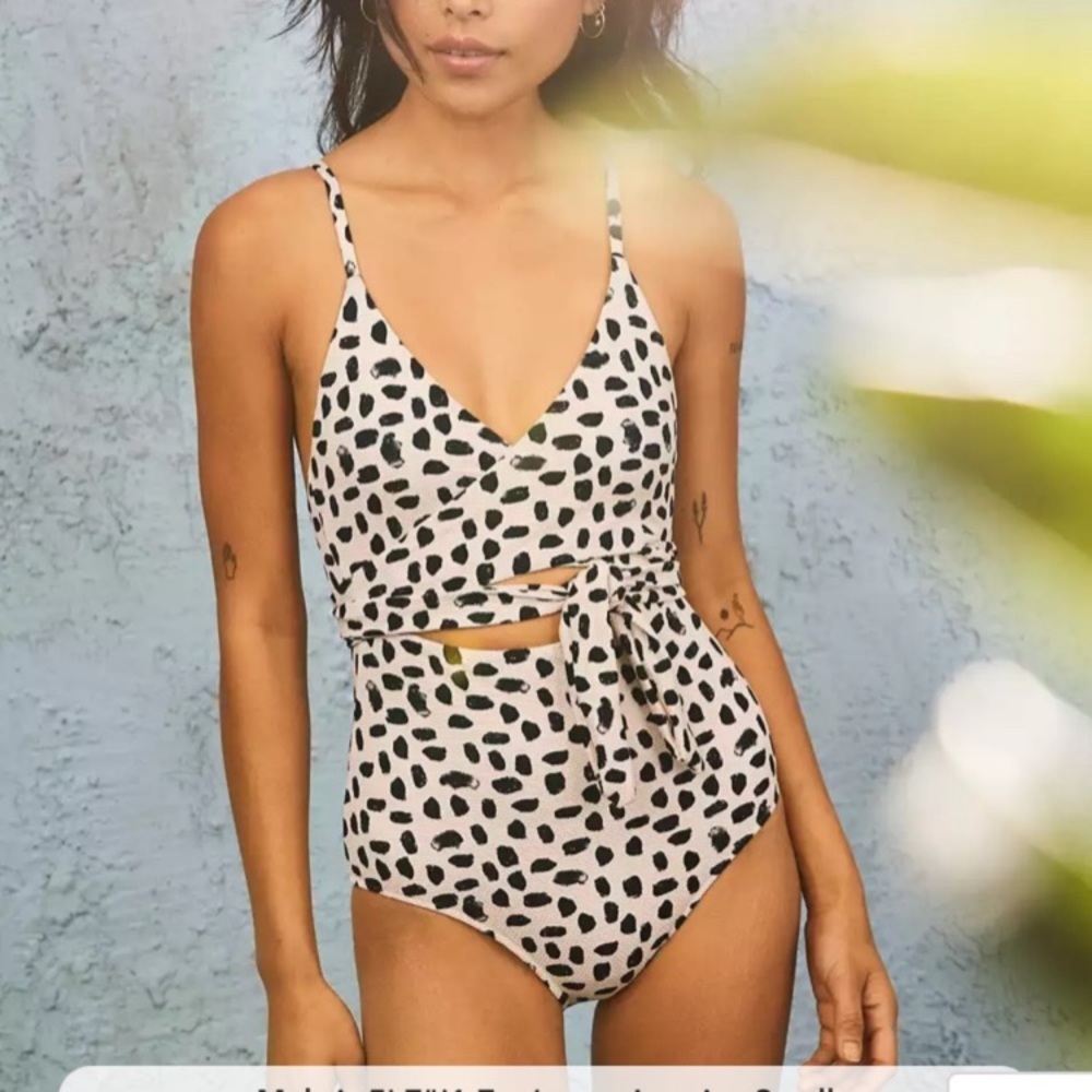 Aerie wrap style one piece bathing suit black and cream animal print NWT size XS
